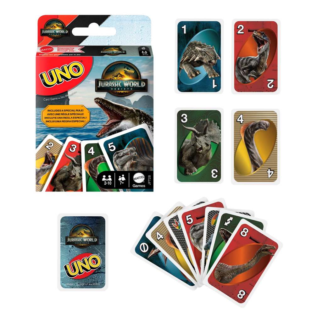 การ์ดเกม UNO Jurassic World Rebirth รุ่นพิเศษ Mattel พร้อมศิลปะไดโนเสาร์และพิเศษ