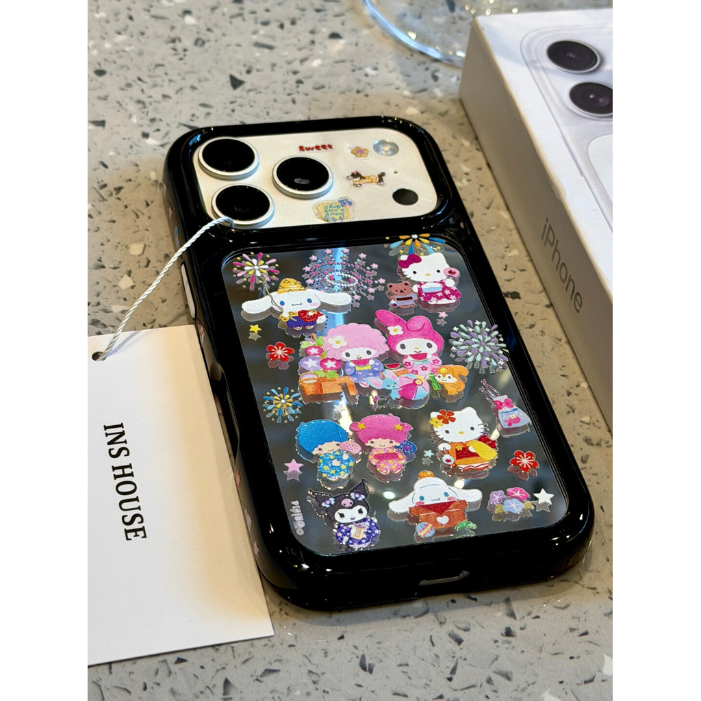 เคสโทรศัพท์ กรอบสีดํา Sanrio ดอกไม้ไฟเทศกาลกันกระแทกสไตล์น่ารักสําหรับ iPhone 17 Pro Max 16 Pro Max 15 Pro Max 14 Pro Max