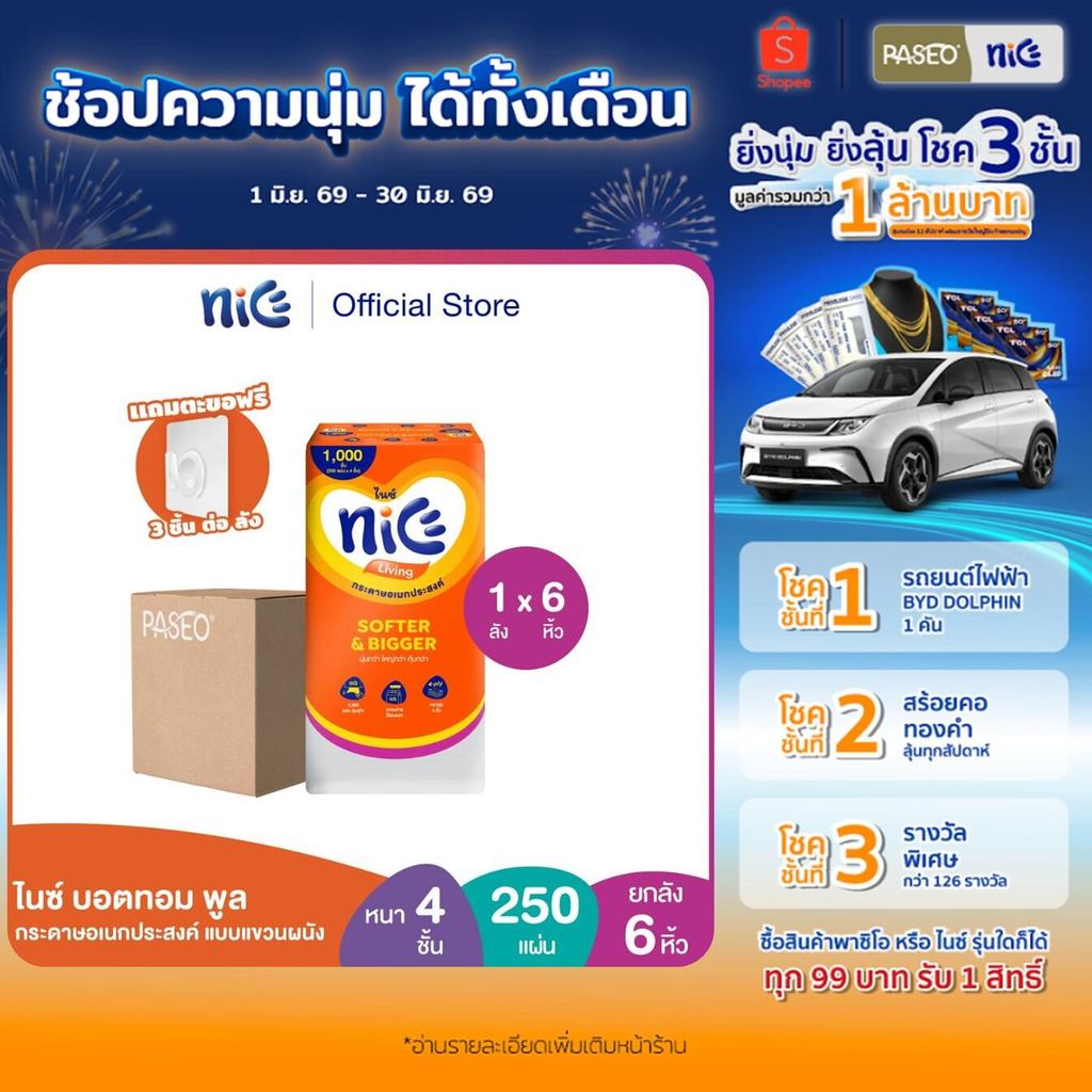 (1 ลัง 6 หิ้ว) Nice ไนซ์ บอตทอม พูล กระดาษอเนกประสงค์แบบแขวนผนัง หนา 4 ชั้น 250 แผ่น (แถมตะข้อ) (ทิชชู่ กระดาษทิชชู่)