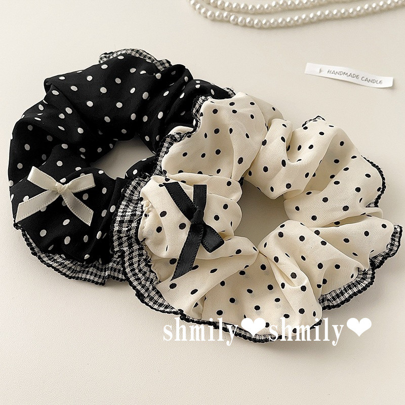 2 ชิ้น ~ Polka Dot Bow Knot Scrunchy แหวนผมลายสก๊อตลูกไม้แถบคาดศีรษะหางม้ายาง Band