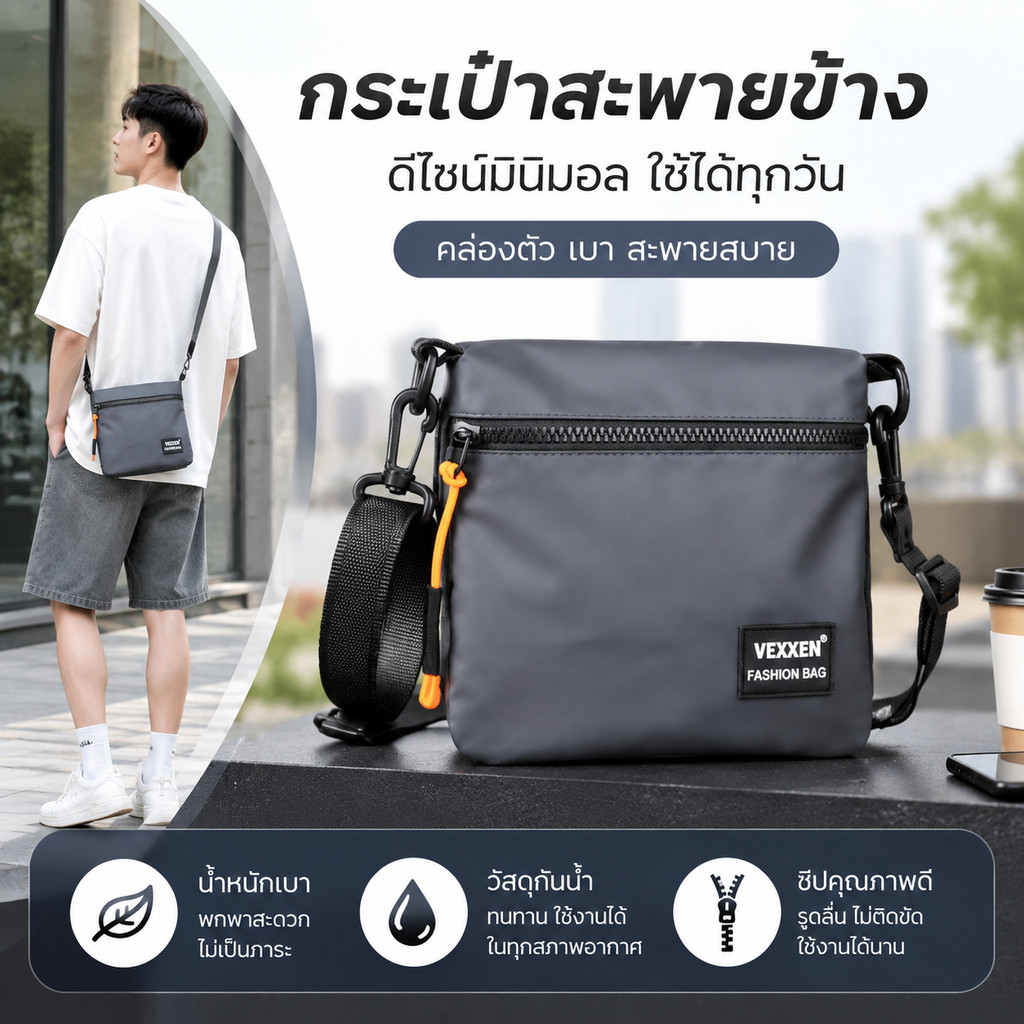 กระเป๋าสะพายข้างสำหรับผู้ชาย ทำจากวัสดุที่ทนทาน มีช่องใส่ของหลายช่อง เหมาะสำหรับการเดินทางและใช้งานในชีวิตประจำวัน