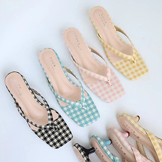 YOURSHOES K2 / รองเท้าส้นสูง 1นิ้ว รองเท้าหูหนีบ รองเท้าลายสก็อต