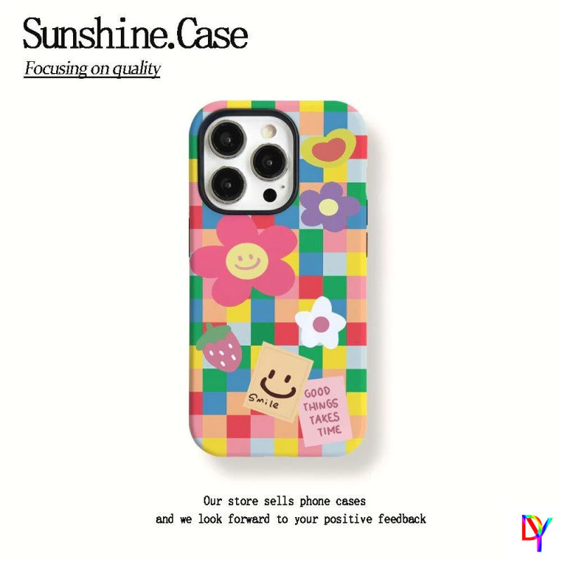Vibrant Checkered Smiley 2-in-1 ฟิล์มกรณี Double-Layer Anti-Drop สําหรับ iPhone 17/16 Pro Max 14 Plus 13/12/11 Pro Max XS Max 7/8 Plus