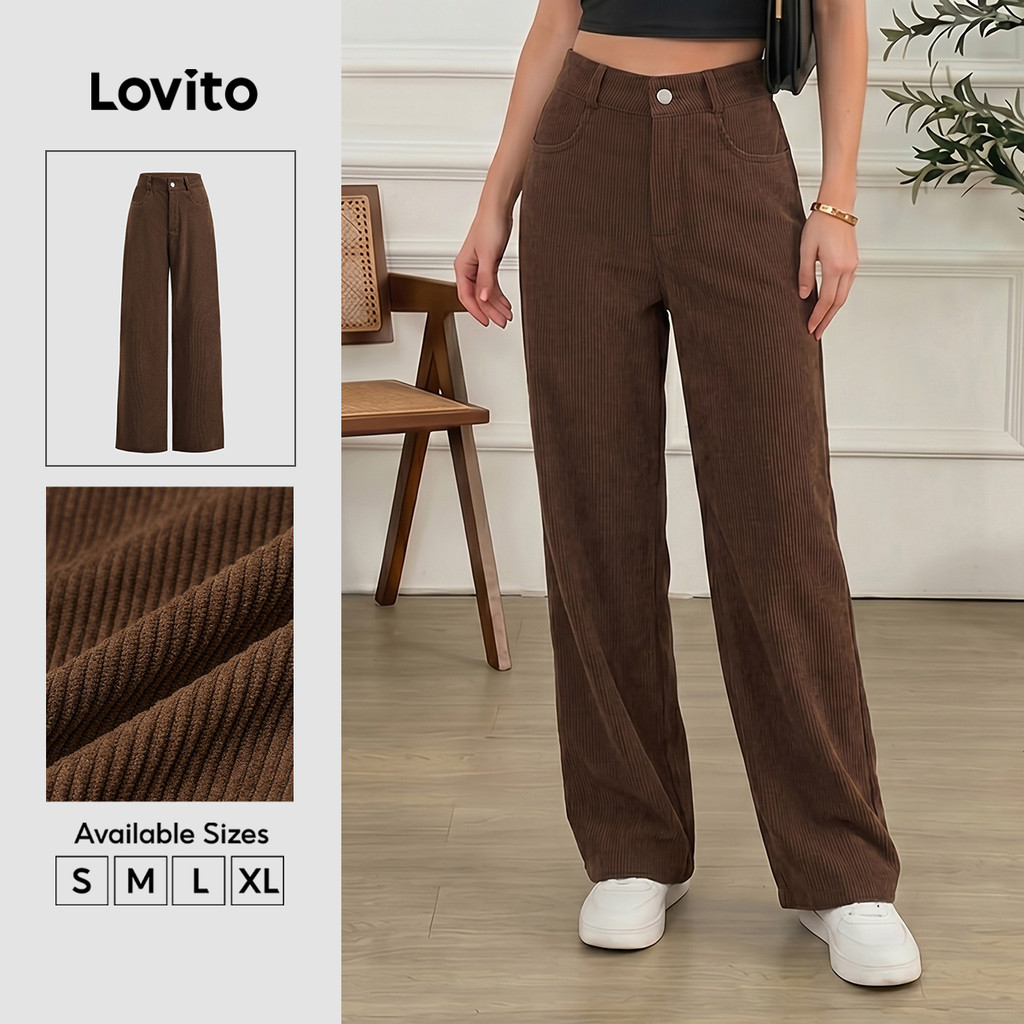 Lovito Casual กางเกงลําลองกระเป๋าซิปกางเกงผ้าลูกฟูกสําหรับผู้หญิง LBL23492