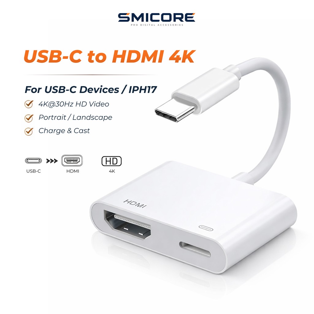 อะแดปเตอร์ USB-C to HDMI 4K ต่อจอสำหรับมือถือ / Laptop รองรับการฉายภาพไปยัง TV โปรเจคเตอร์ Plug & Play ใช้กับ IPh