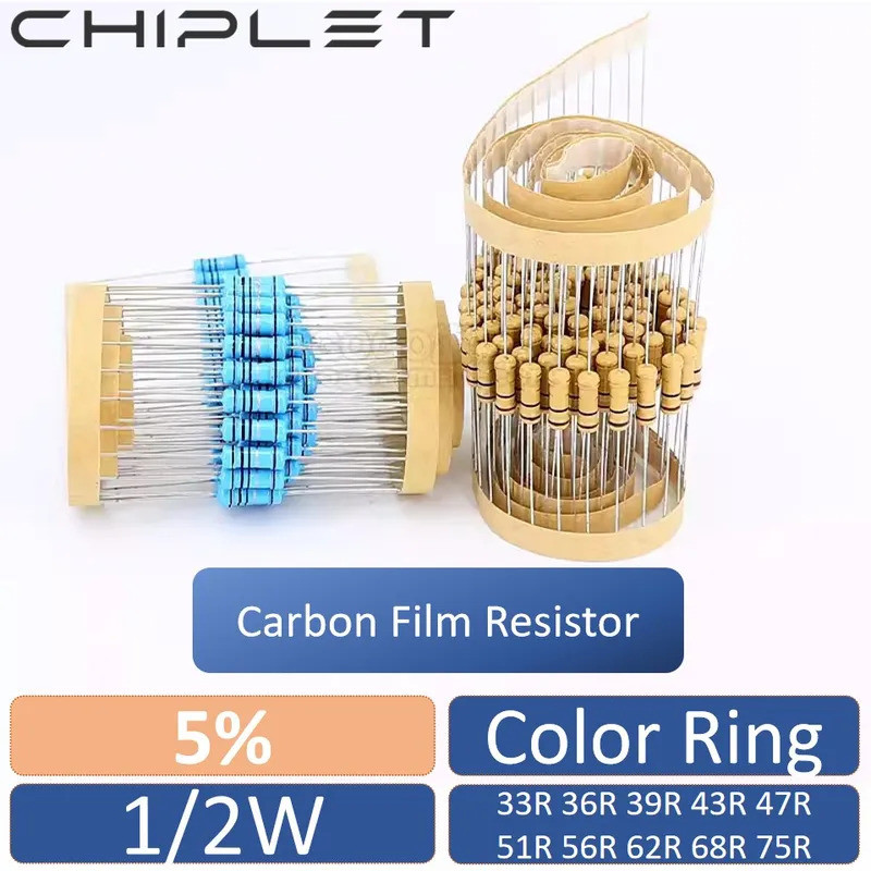 500 ชิ้นฟิล์มคาร์บอน Resister 1/2 วัตต์ 5% แหวนสีความต้านทาน 0.5 วัตต์ 33R 36R 39R 43R 47R 51R 56R 6