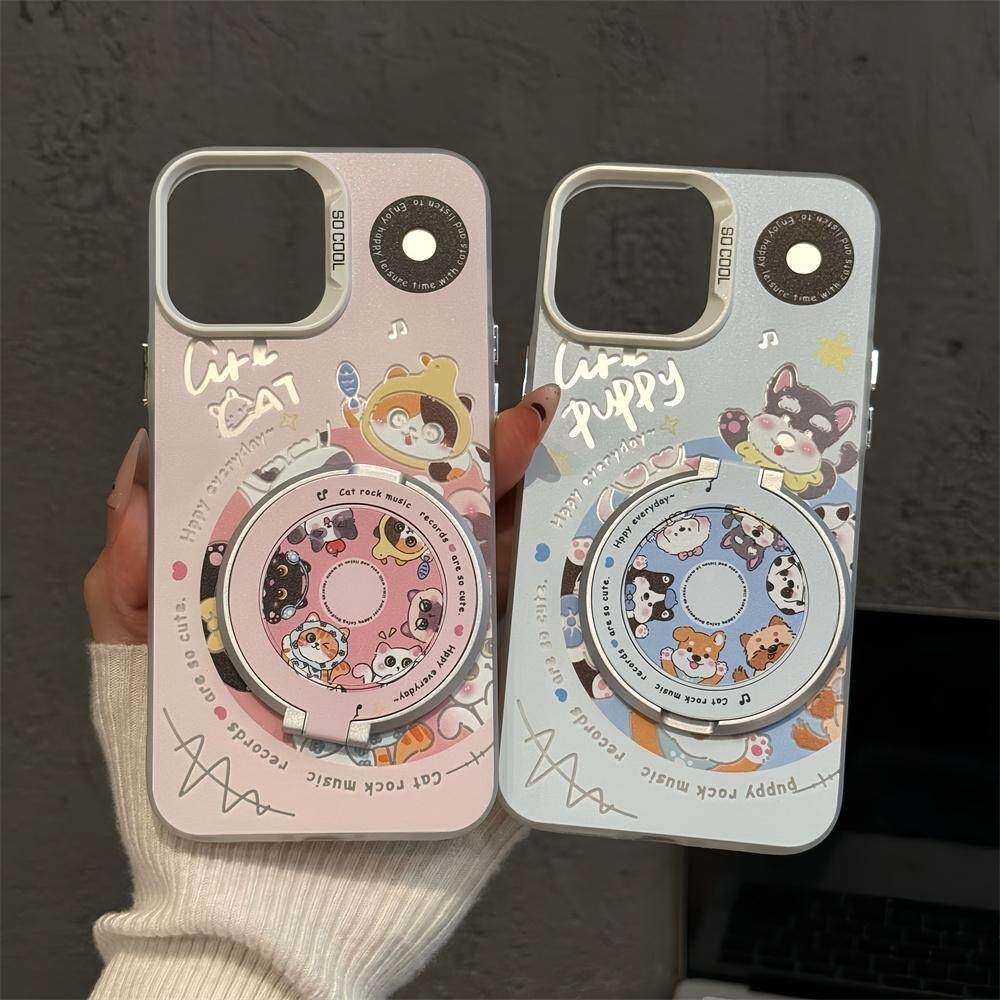 360 น่ารัก° หมุนกรณีโทรศัพท์สําหรับ ไอโฟน 17 16 15 14 13 12 11 ทีพียู กันกระแทกกันฝุ่นแม่เหล็กยืนปกสดแมวลูกสุนัขเพลงการ์ตูน น่ารัก สาวกรณีป้องก