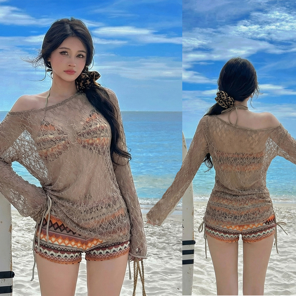Fashion-Time ชุดว่ายน้ำ  3 ชิ้น สำหรับสาวอวบ แขนยาวถัก น้ำหนักเบาและนุ่ม ไซส์ใหญ่ สำหรับผู้หญิง ชุดชายหาดริมทะเล #243