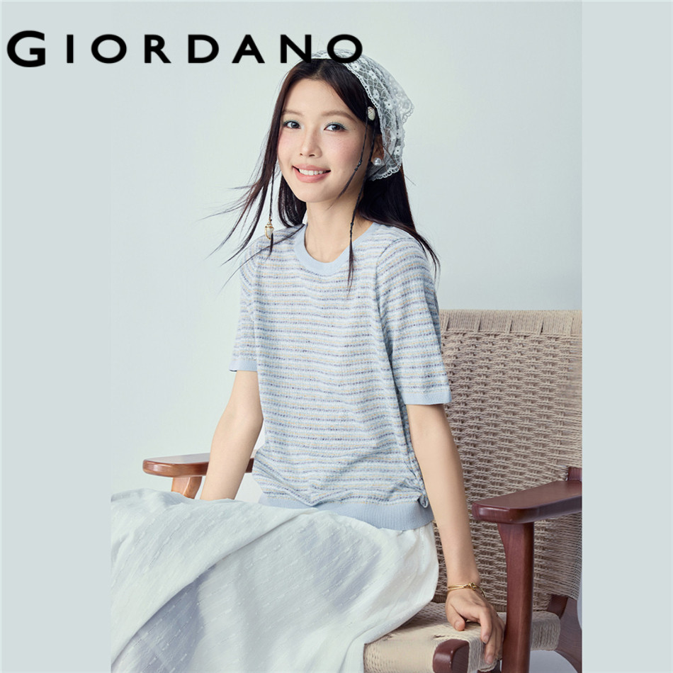 GIORDANO WOMEN Colorful striped short sleeve knitwear 18356911