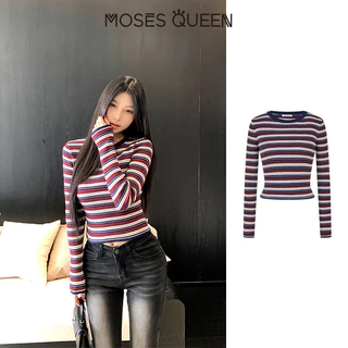 MOSESQUEEN เสื้อสูงสุดแบบคอเปียก ลายเส้นดินเผา รูปแบบสกรีน ผ้าบาง ตัวเตี้ย แขนยาว สำหรับผู้หญิง รูปแบบเรโทร ใส่สบายในชีวิตประจำวัน เหมาะสำหรับเดินทางทั่วเมือง ใช้ได้ทั้งในและนอกบ้าน #59895