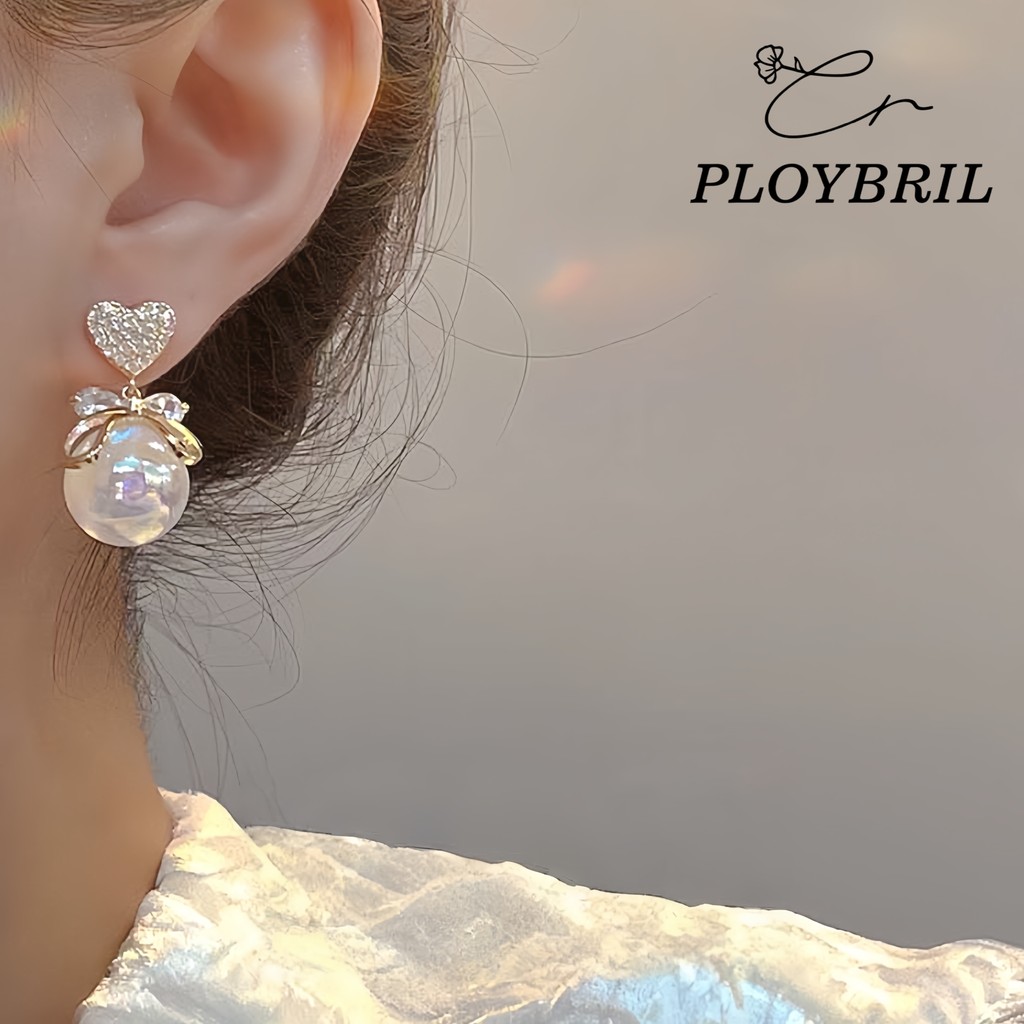PLOYBRIL ต่างหู ชุบทอง 18k ประดับเพทาย ไข่มุก ทรงกลม เรียบง่าย ของขวัญแฟชั่น สําหรับผู้หญิง E091