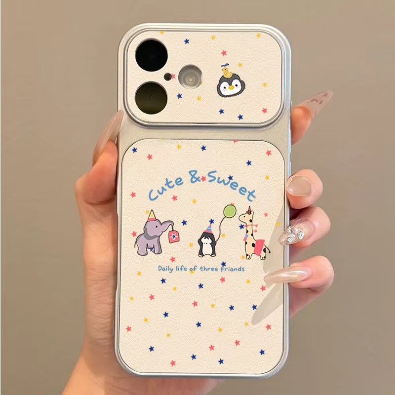 ช้างน่ารัก Penguin Veneered หน้าต่างขนาดใหญ่เคสโทรศัพท์สําหรับ iPhone 17 16E 15 14 13 12 11 Pro Max 15 Plus หนังเนื้อ Anti-Drop ขนาดใหญ่หน้าจอฝาครอบป้องกัน