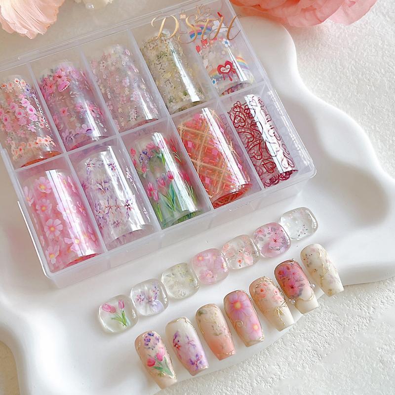 DSTH 10 ม้วนเล็บฟอยล์ชุดดอกไม้ Rose Transfer กระดาษผีเสื้อดอกไม้ Sliders สําหรับ DIY เล็บ Salon เครื่องมือตกแต่งบ้านร้อน