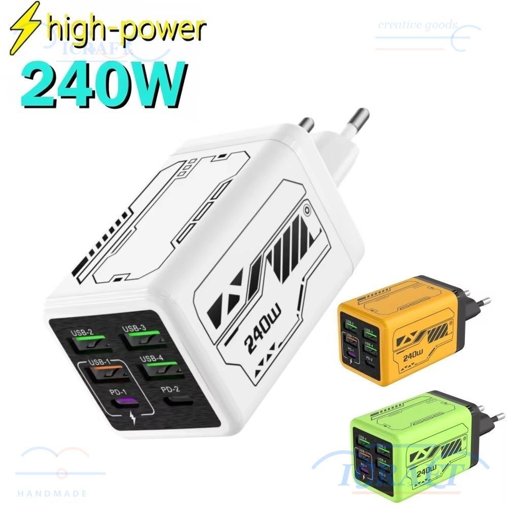ICRAFT 240W ปลั๊กชาร์จ, USB A + C PD QC3.0 อะแดปเตอร์ชาร์จโทรศัพท์, 6 พอร์ตชาร์จเร็ว EU/US/UK USB C Charger สําหรับ Huawei//