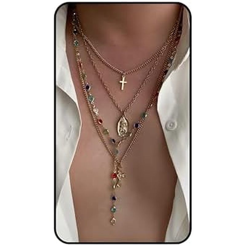 สําหรับผู้หญิง Gold Layered CROSS สร้อยคอ Vintage จี้ CROSS Rhinestone St Stack Choker DNeck ฤดูร้อน