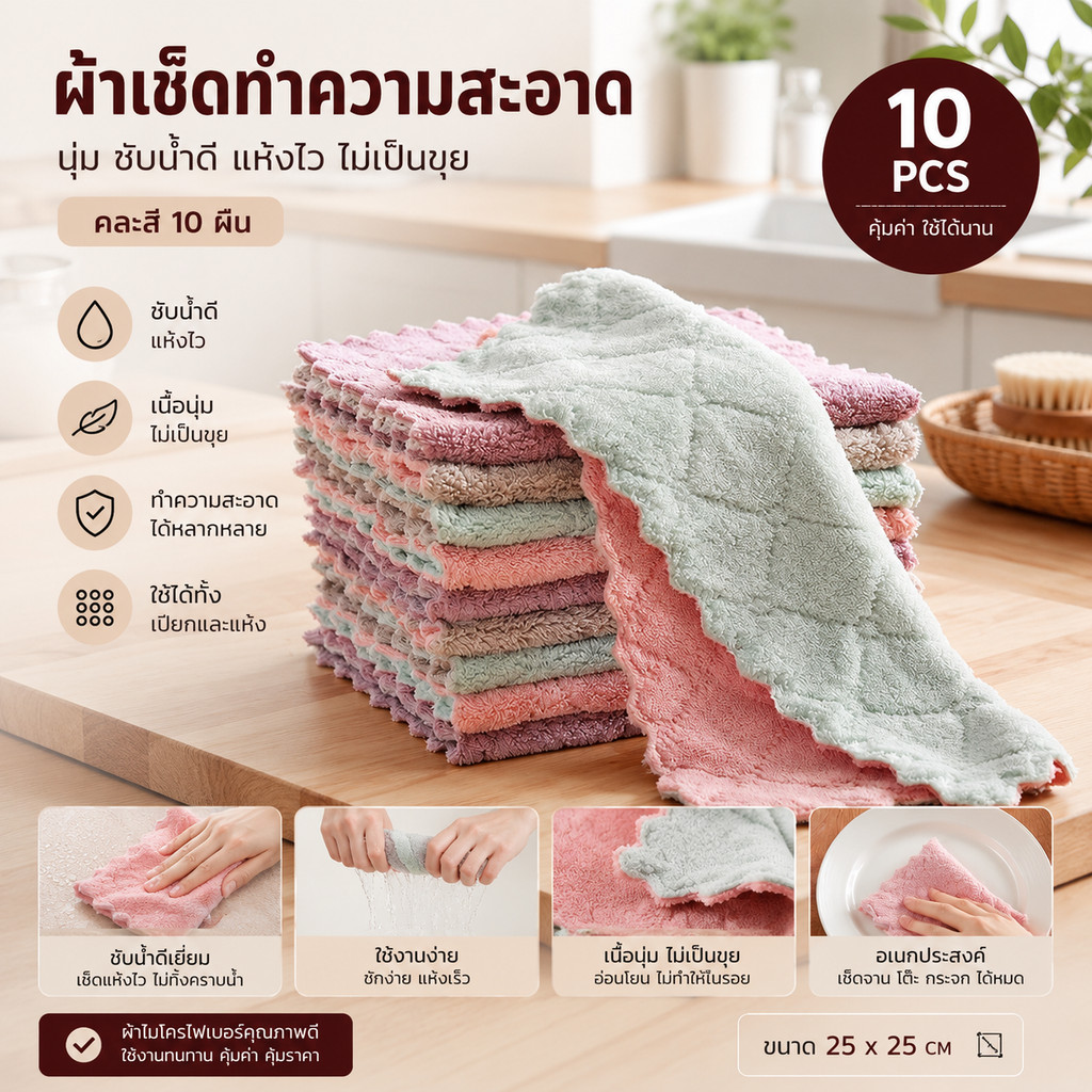Home007 ผ้าเช็ดเช็ดโต๊ะ 1 เซ็ต 10 ผืน มี 2 ขนาดให้เลือก อเนกประสงค์ Nano Towel
