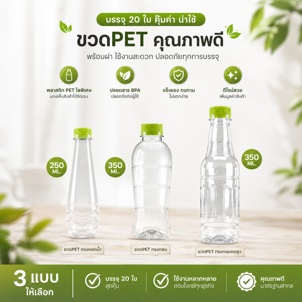 ขวด PET ขวดทรงหยดน้ำ250ML.  ทรงกลม350ML.  ทรงกลมคอสูง350ML.บรรจุ20ใบ