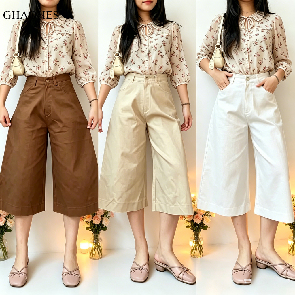 GHAOHES กางเกงขาสั้น7ส่วนเอวสูงยืดหยุ่น4เฉดสี ทรงตัวA เรียบง่ายสง่างาม #6670