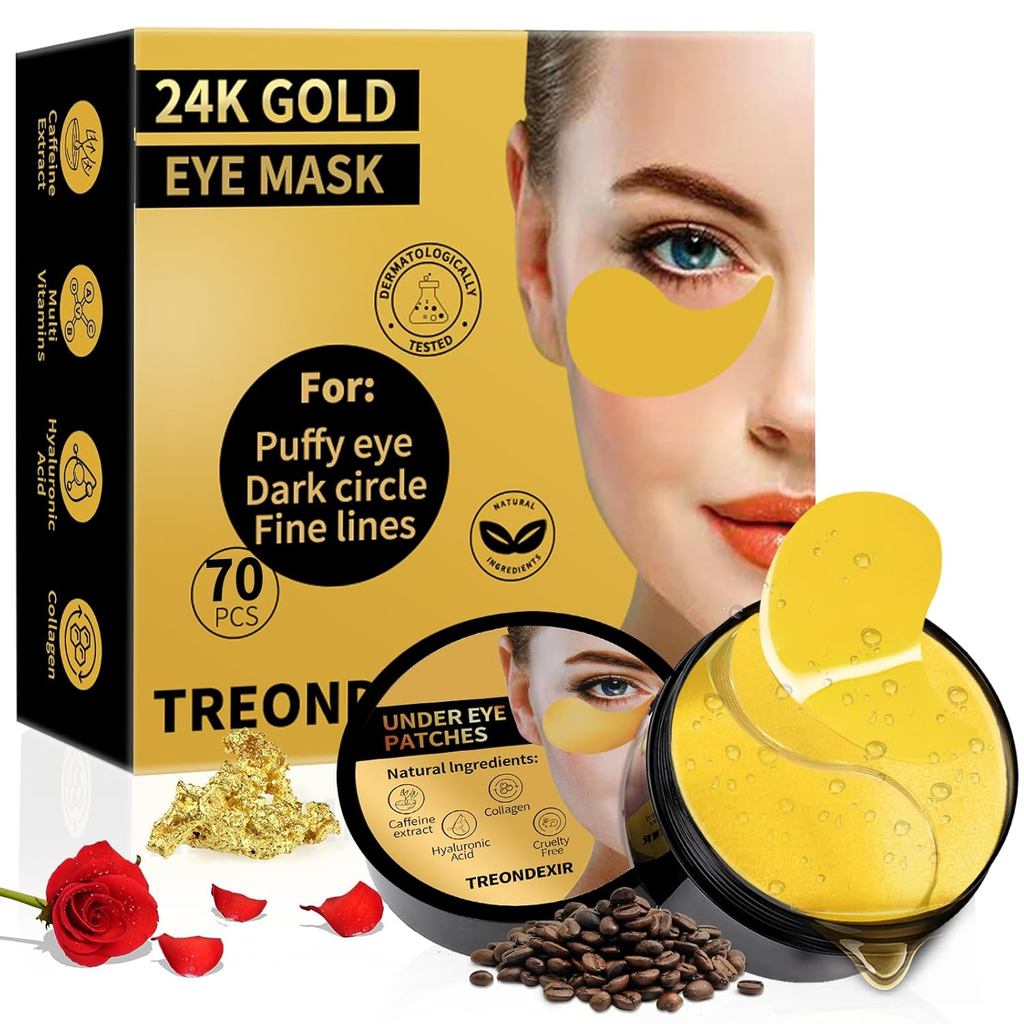 24K Gold Eye Masks สําหรับความหมองคล้ําและอาการบวม 70 ชิ้น, แผ่นแปะใต้ตาสําหรับการรักษาตาบวม, แผ่นเจ