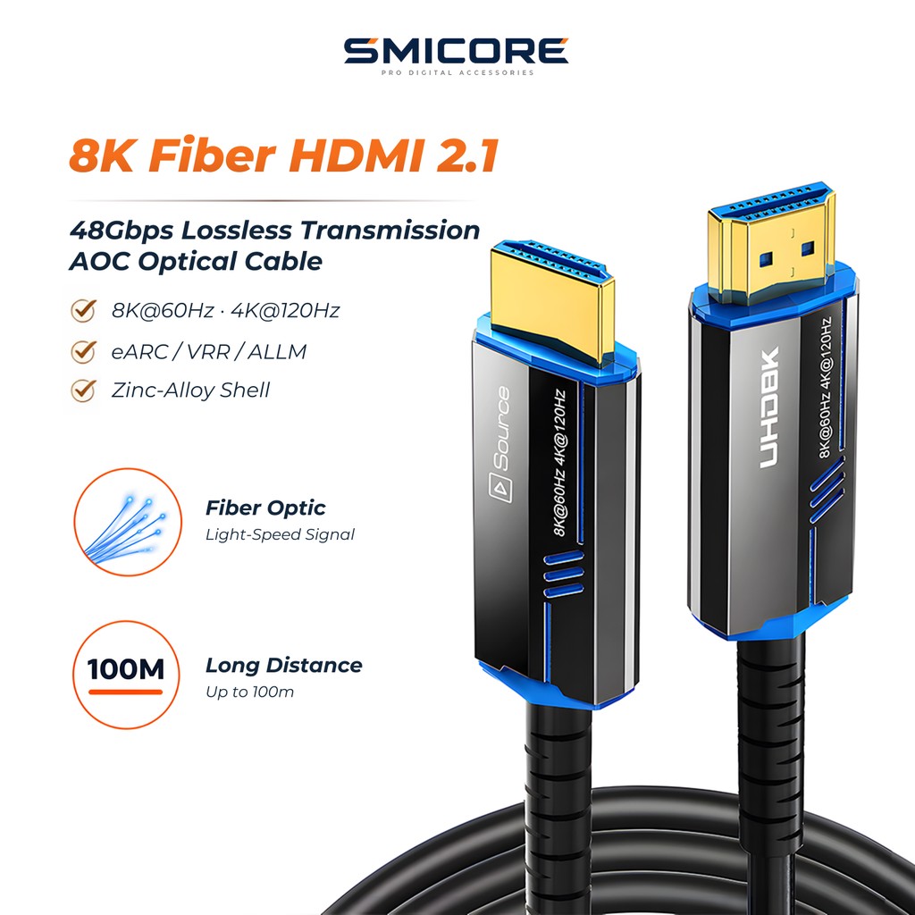 สาย HDMI 2.1 ไฟเบอร์ออปติก AOC 8K60Hz 48Gbps ระยะไกล สำหรับ TV โปรเจคเตอร์ ห้องประชุม โฮมเธียเตอร์ PS5 PC