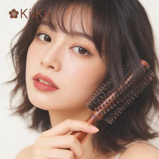 KiiKii หวีไดร์ขนหมูป่าลายเฉียง ด้ามไม้ตรง จัดแต่งทรงผม เพิ่มวอลลุ่ม ผมเรียบเงางาม ลดชี้ฟู