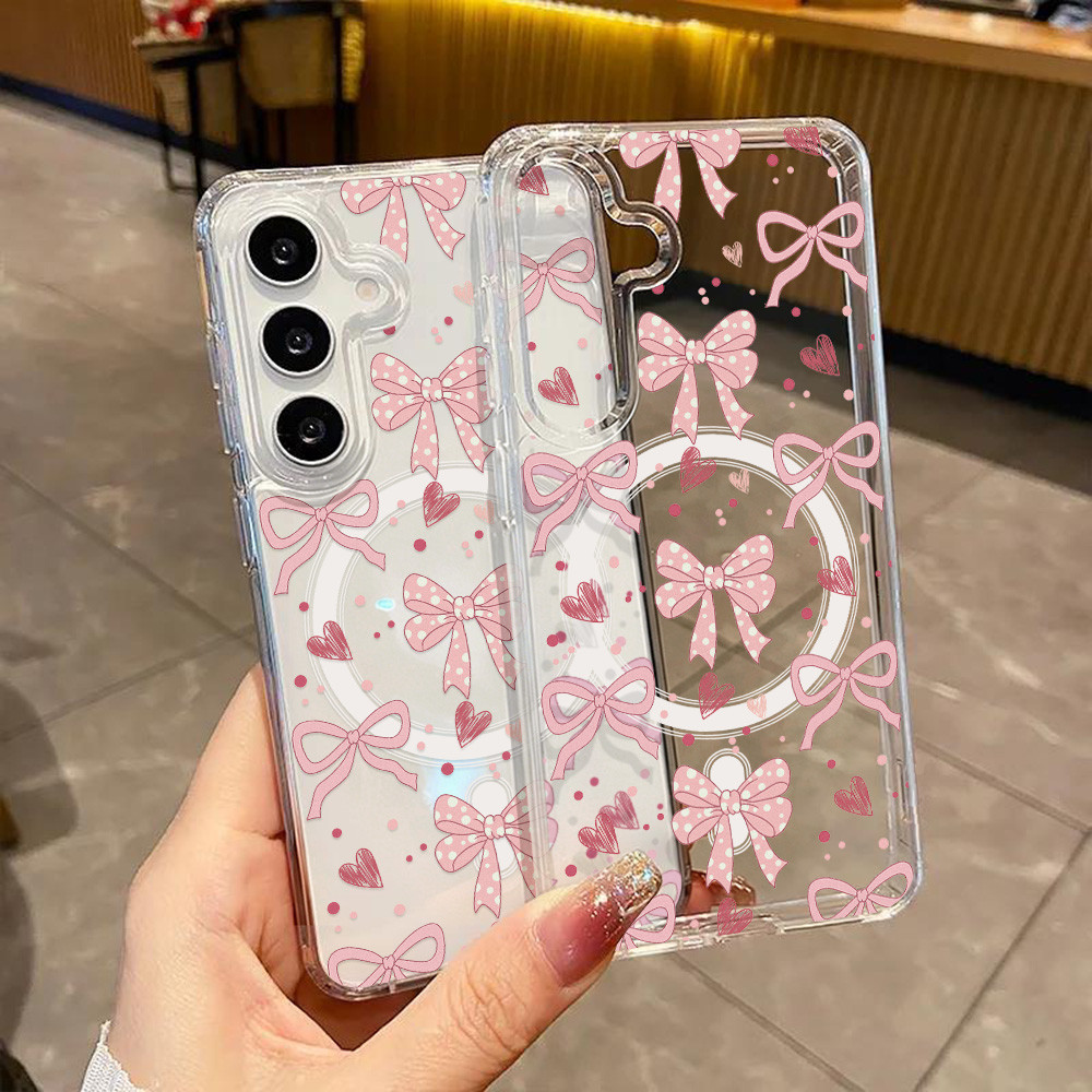 เคสโทรศัพท์โบว์สีชมพู For Samsung A56 A36 A17 A37 A57 A26 A07 A16 S26 S25 S24 เคสใสกันกระแทกที่รองรับการชาร์จแบบไร้สาย