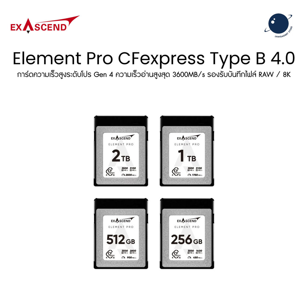 เมมโมรี่การ์ด Exascend Element Pro CFexpress Type B 4.0 R3500/W3100 8K RAW Canon R5 Nikon Z8 ประกันศูนย์ไทย Lifetime