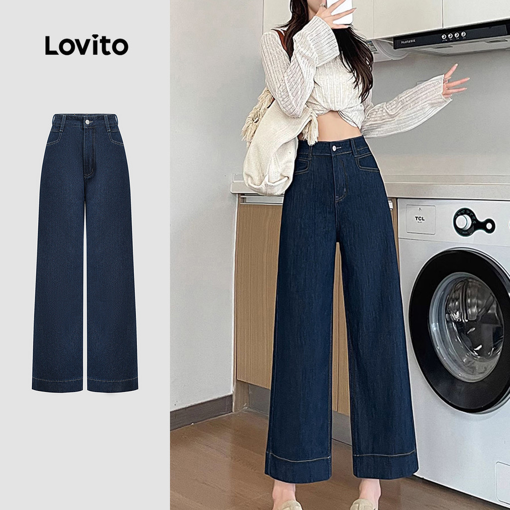Lovito กางเกงยีนส์ทรงหลวมขากว้างสีน้ำเงินเข้มสำหรับผู้หญิง ปักโบว์ กระเป๋า กางเกงยีนส์ลำลอง L135AD1218