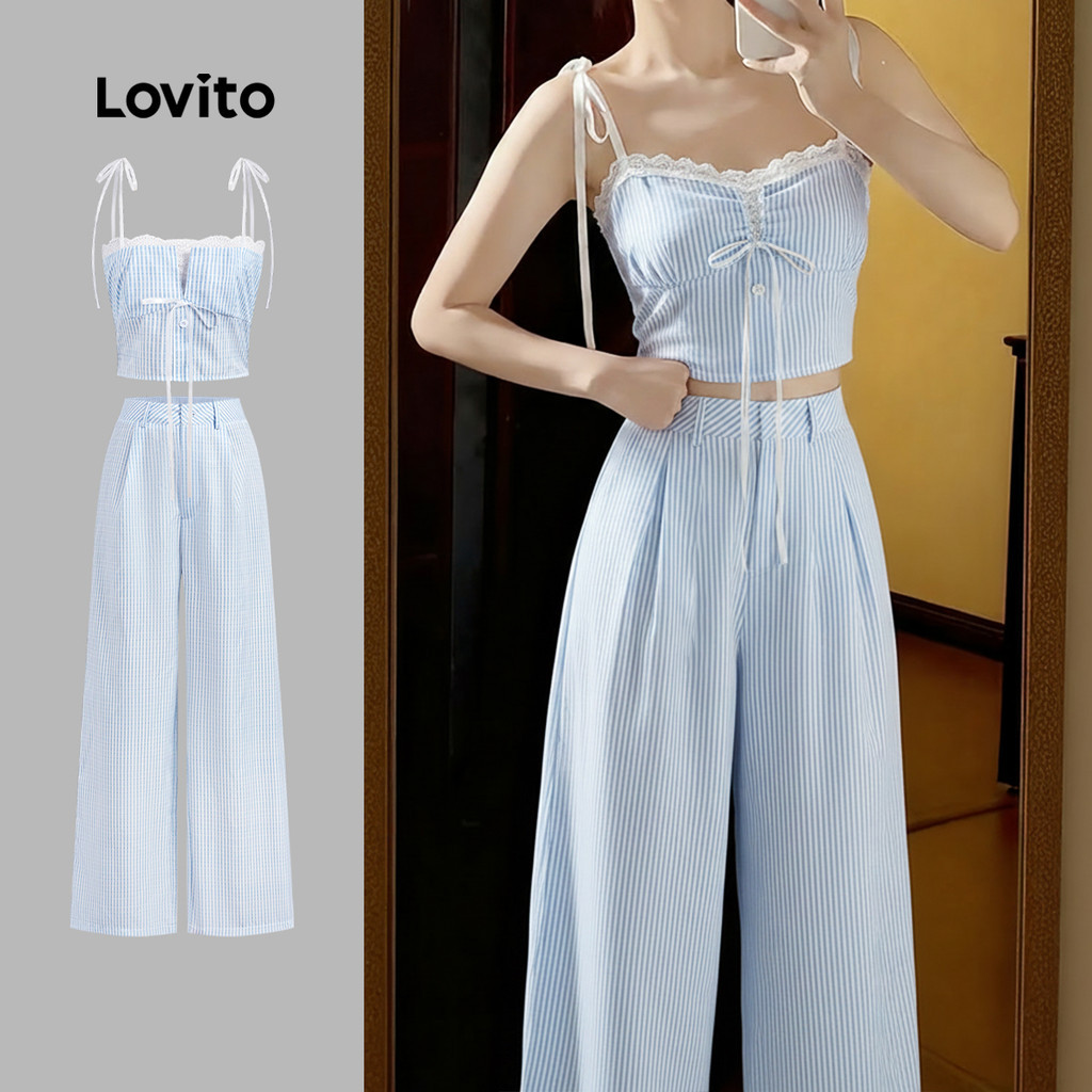 Lovito เสื้อหรือกางเกงลำลอง คอ ฮัลเตอร์ ผูกเชือกด้านหน้า สีฟ้า สำหรับผู้หญิง เหมาะสำหรับฤดูใบไม้ผลิ/ฤดูร้อน L173AD083