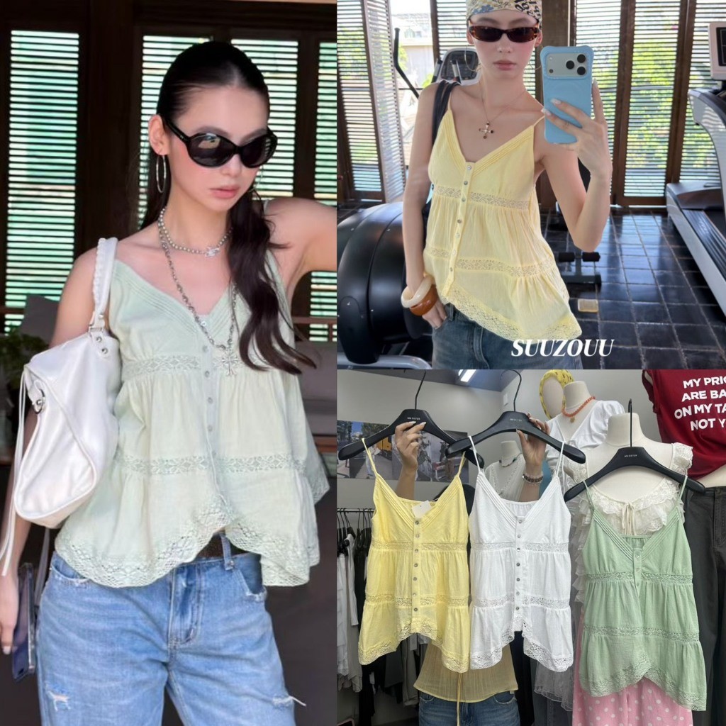 ❤ 🧵 🇰🇷 SU273 เสื้อสายเดี่ยว คอวี แต่งกระดุมและผ้าลูกไม้ งานสวยเก๋ ดีเททลดีทุกจุด แฟชั่นเกาหลี TAG MM