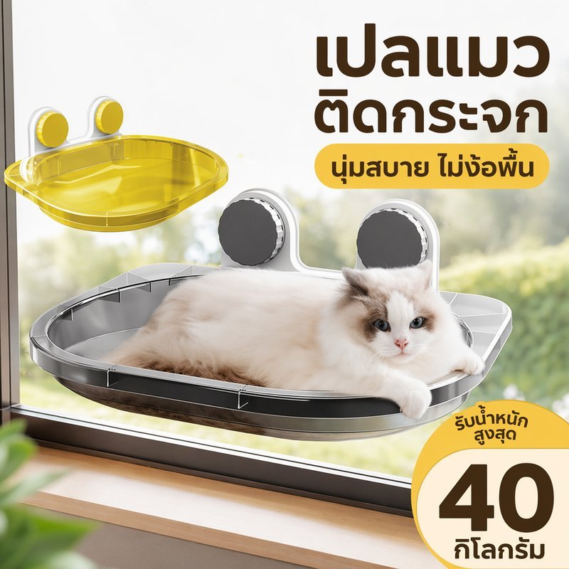 เปลแมวติดกระจก เตียงแมวหน้าต่าง ที่นอนแมว เปลแมวพับได้ รับน้ำหนักเยอะ ผ้าถอดซักได้ แมวชอบ