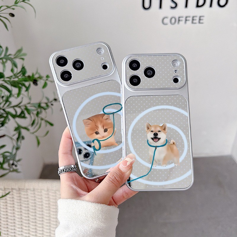 Kawaii สุนัขแมวขนาดใหญ่กระจกหน้าต่างสําหรับ iPhone 17 Air 16E 16 15 14 Plus 13 12 11 Pro Max XR XS Max X 8 7 Plus หรูหราสัตว์ Polka Dot Simple Soft ปลอกคู่