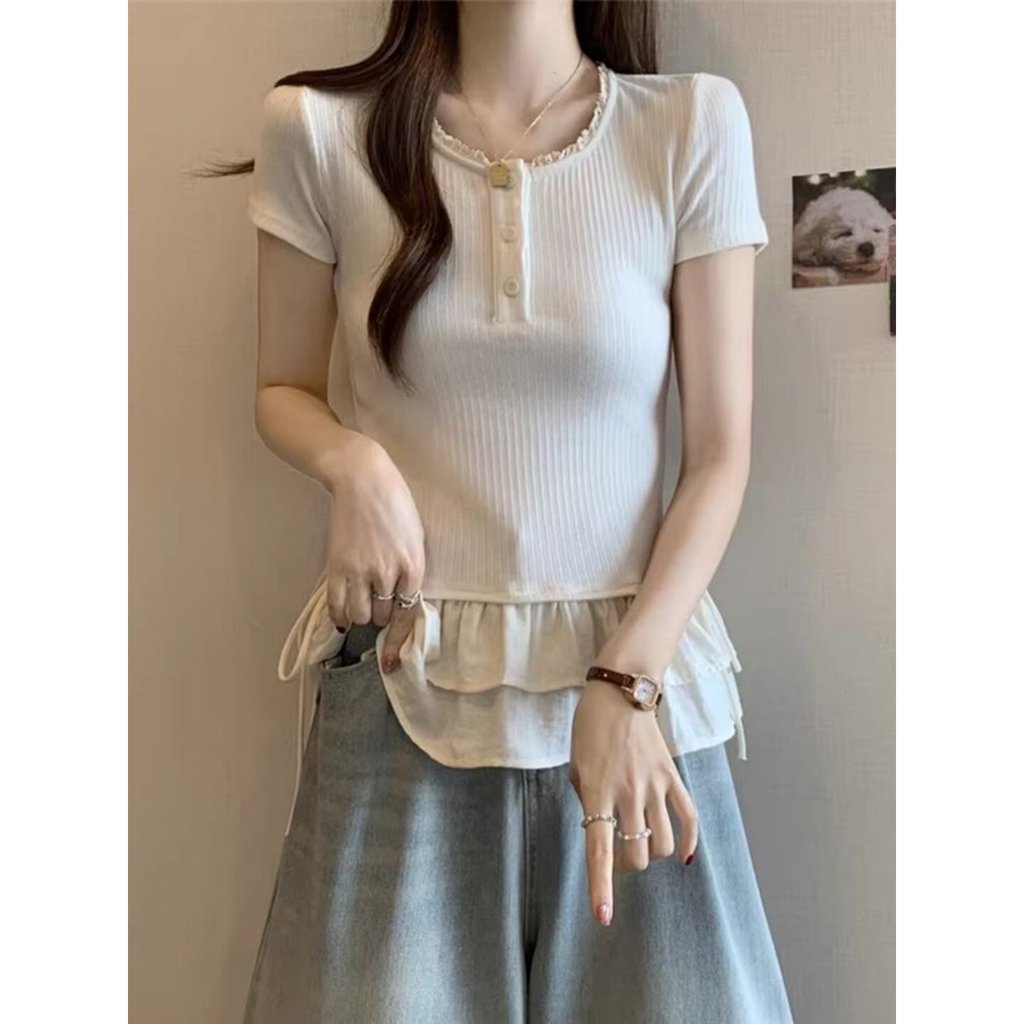 Wang [Gangzhou French Cotton Pit Strip 270g] Design Sense Short Skirt Top Beautiful Small Shirt