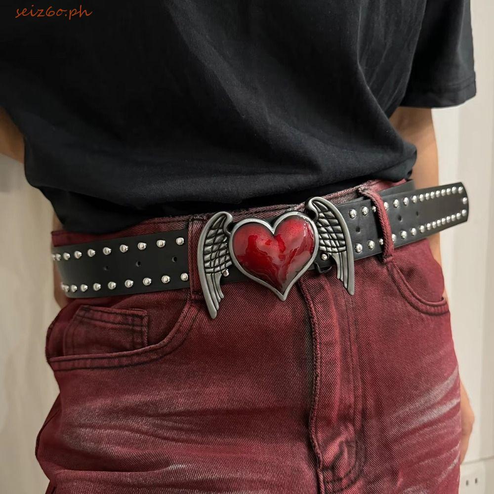 SEIZ6O เข็มขัดหัวใจ, Goth Punk เข็มขัดหมุดสีดํา, คุณภาพสูง Y2k Hip-hop Luxury กางเกงยีนส์เข็มขัดผู้ช