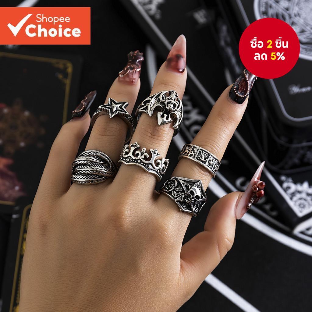 6 ชิ้น Vintage Viking Skull Finger แหวนชุดผู้หญิง/ผู้ชายอินเทรนด์ Cool Boy Girl Street ทุกวันอุปกรณ์เสริม