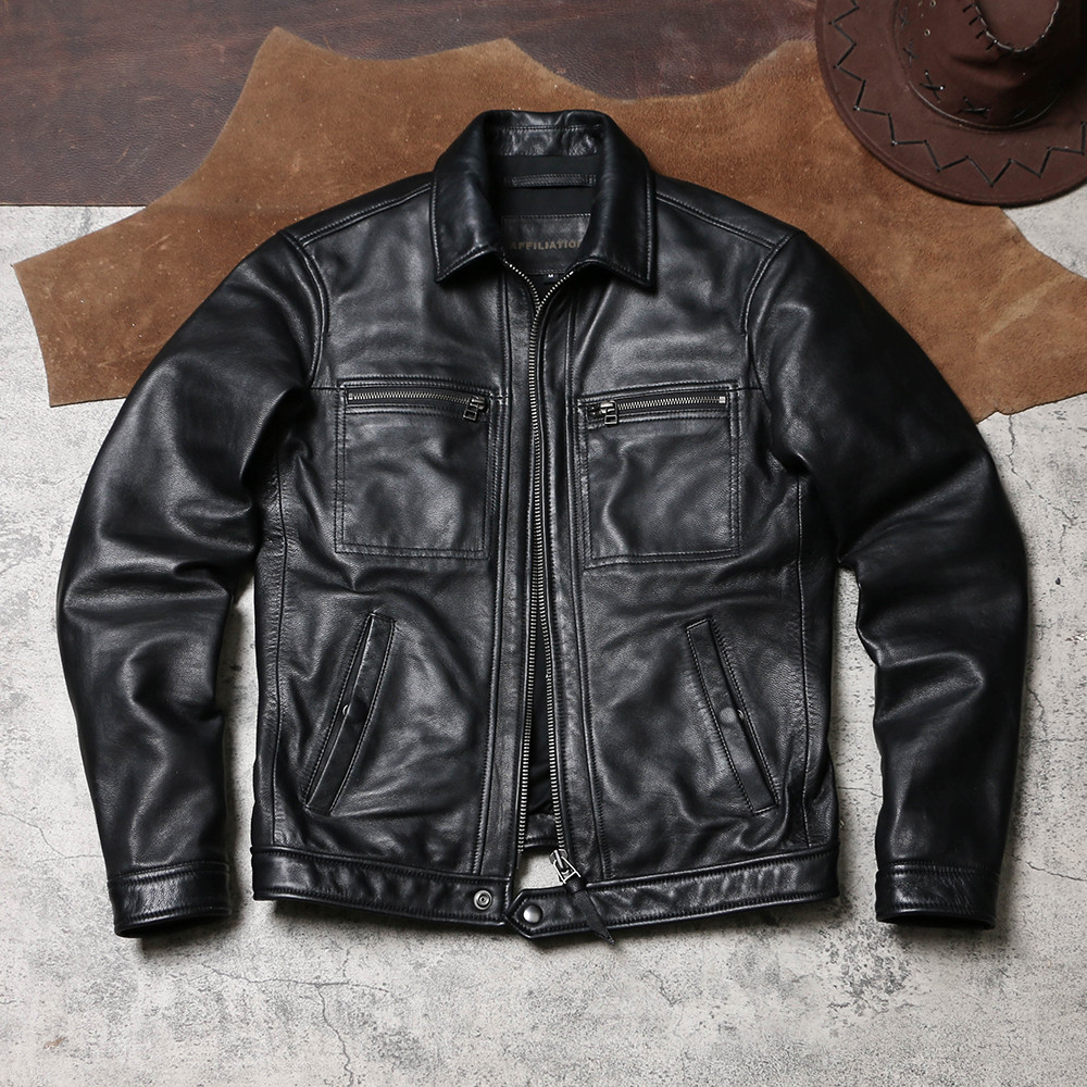 Brad Pete Retro หนังแพะแจ็คเก็ตหนังหนังแกะสไตล์เดียวกันเครื่องมือแจ็คเก็ตแท้แจ็คเก็ตรถจักรยานยนต์