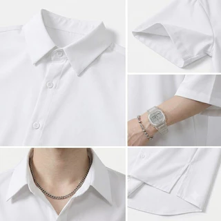 เสื้อเชิ้ตแขนสั้นผู้ชายสไตล์เกาหลี สีพื้น ทรงหลวม ไซส์ใหญ่ ใส่สบาย ระบายอากาศ เสื้อแฟชั่นลำลองแมทช์ง่าย