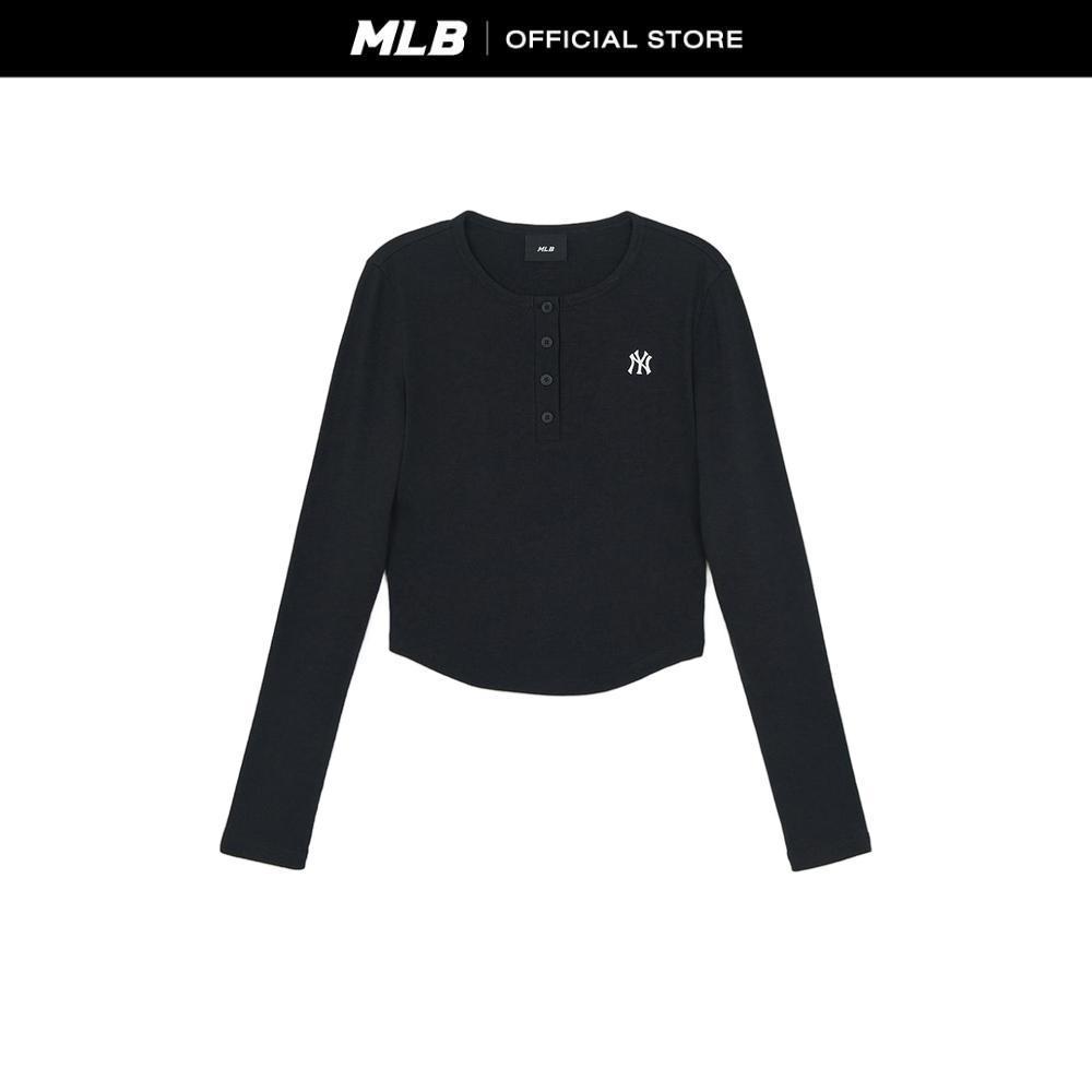 MLB เสื้อยืดแขนยาว ยูนิเซ็กซ์ Women'S Vintage Slim Ribbed Henley Neck Long Sleeve T-Shirts รุ่น 3FTSB0861 50BKS สีดำ