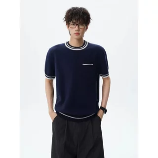 MIXSEVEN เสื้อผู้ชายแขนสั้นไหมพรมสีน้ำเงิน คอปกขาว มีกระเป๋าใบข้าง สไตล์เกาหลี ใส่งานได้ทุกโอกาส