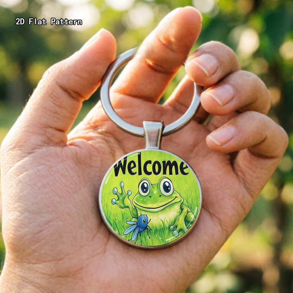 พวงกุญแจทรงกลมโลหะผสมสังกะสี 1 ชิ้น, ยินดีต้อนรับ Cheerful Waving Frog ภาพประกอบออกแบบ, แหวนกุญแจโลหะที่ทนทานสําหรับทุกวันตกแต่งกระเป๋า