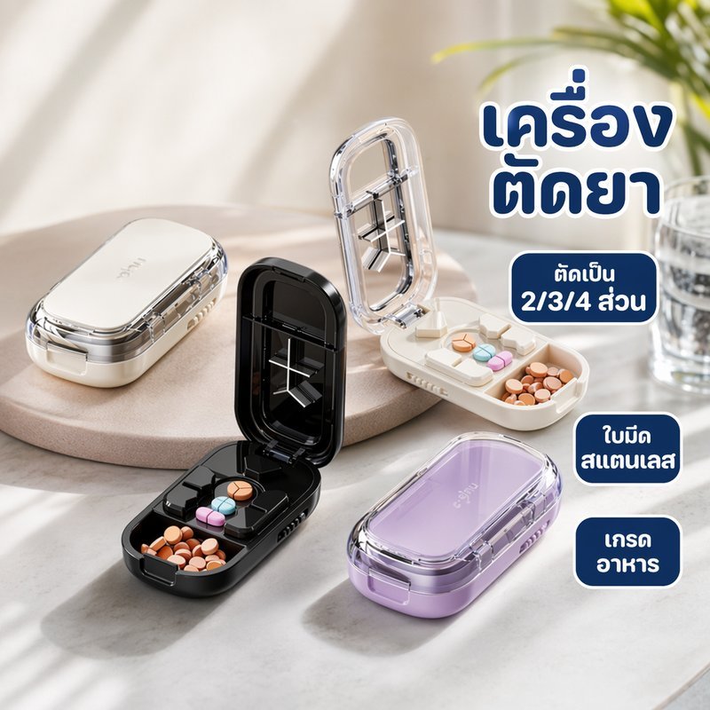 เครื่องตัดยา ที่ตัดยา ตัวแบ่งยา กล่องยา ใบมีดสแตนเลส ปรับขนาดยา พกพา ตัดยา 2ส่วน ตัดยา 4ส่วน