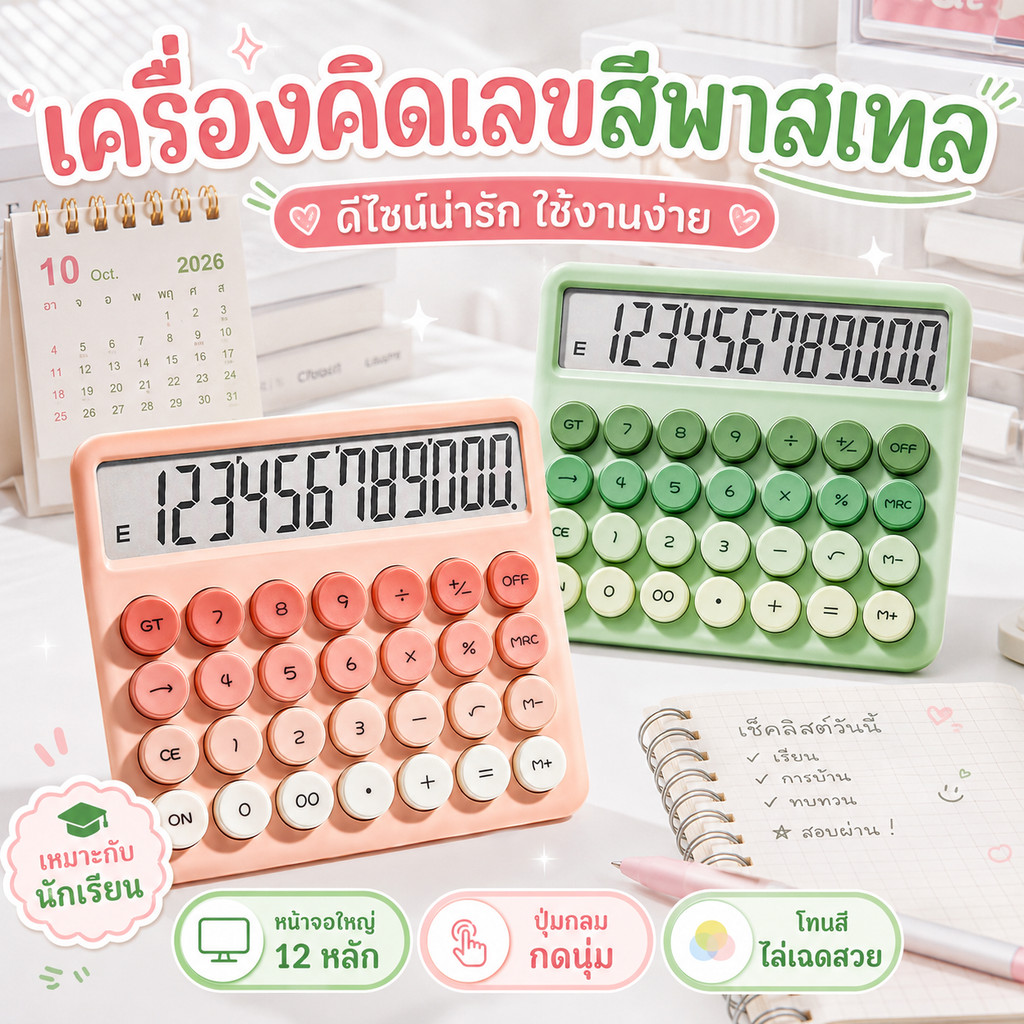 ❤เครื่องคิดเลขปุ่มกลมสีพาสเทลไล่สี หน้าจอใหญ่ 12 หลัก ขนาด 150×120 มม. สำหรับนักเรียนและออฟฟิศ