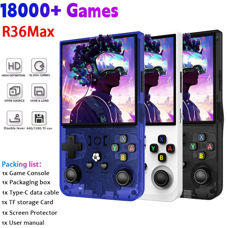 เปิดแหล่งที่มา R36MAX Retro คอนโซลวิดีโอเกมมือถือ RK3326 ชิป 64/128G 18000 + เกม Linux ระบบพกพาเครื่