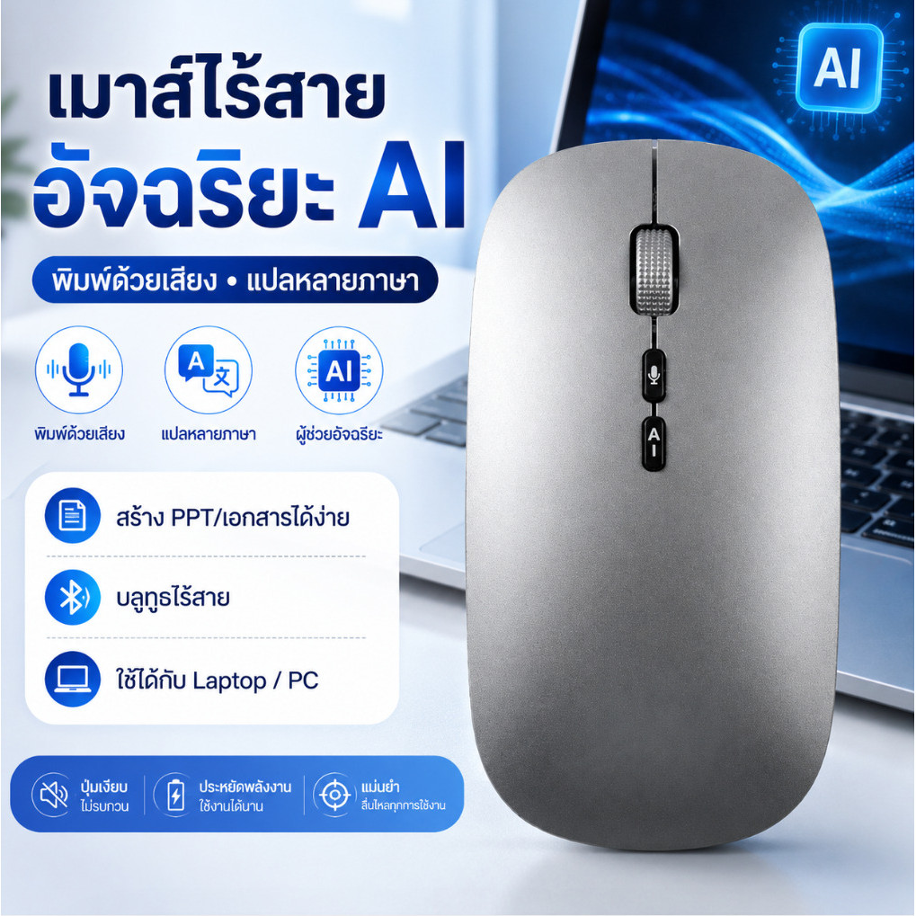 【👍ทำงานเร็วขึ้น】เมาส์ไร้สายอัจฉริยะAI การจดจําเสียงแปลหลายภาษา สั่งงานอัจฉริยะ บลูทูธ+2.4G สําหรับสํานักงานแล็ปท็อป