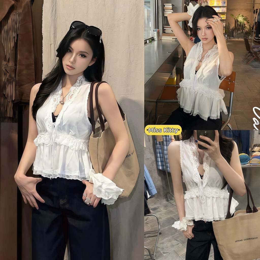 Miss Kitty เสื้อแขนกุดผู้หญิง คอวี ขอบลูกไม้ผ้าซาติน เก็บเอวให้ดูผอม สไตล์เกาหลี-FY5139