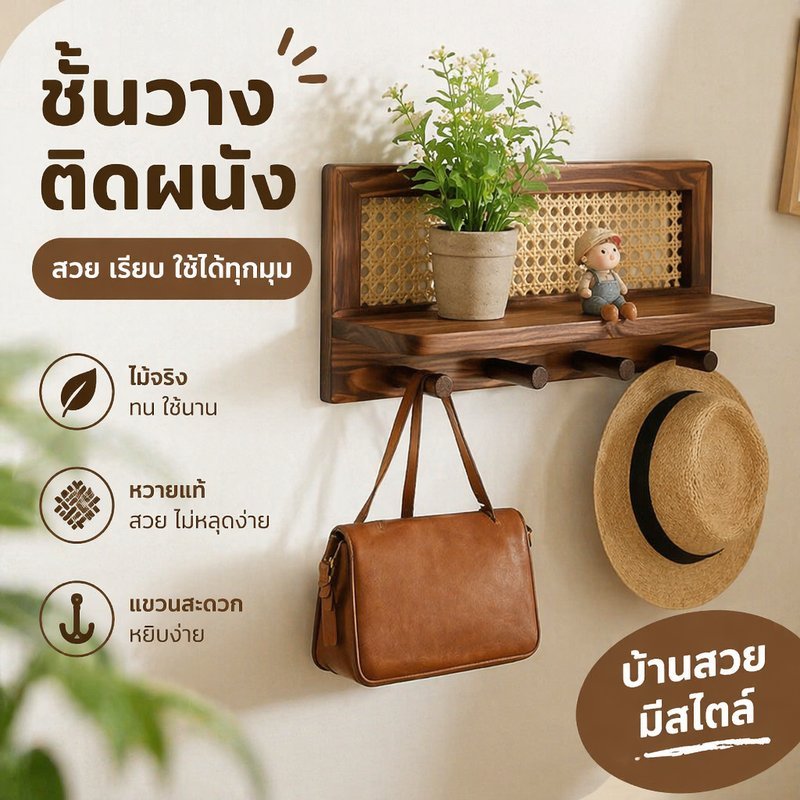 ชั้นวางติดผนัง ชั้นวางหวาย ชั้นวางไม้ ตะขอแขวน เก็บของ ตกแต่งบ้าน ห้องน้ำ ห้องครัว สไตล์มินิมอล