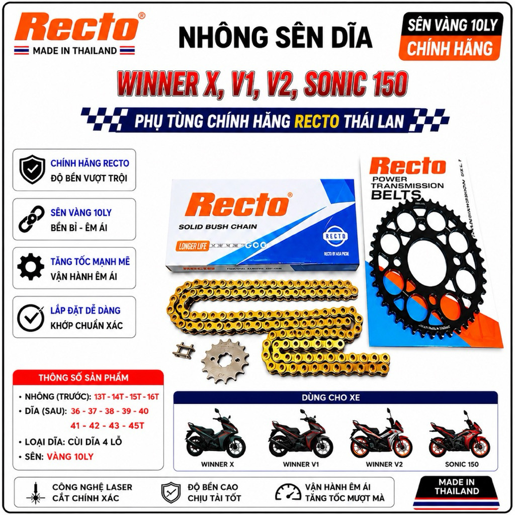 Winner X,Winner V1,V2,V3,Sonic 150 Sprocket [10mm Golden Chain] 13T~16T Sprocket 36T~45T-Recto Thail