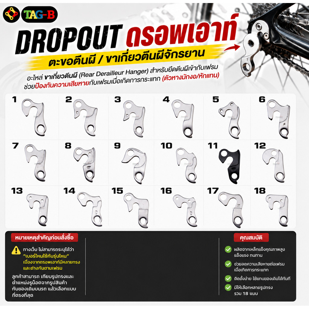 DROPOUT ดรอพเอาท์ ใส่จักรยาน ขาเกี่ยวตีนผีจักรยาน ตะขอตีนผี