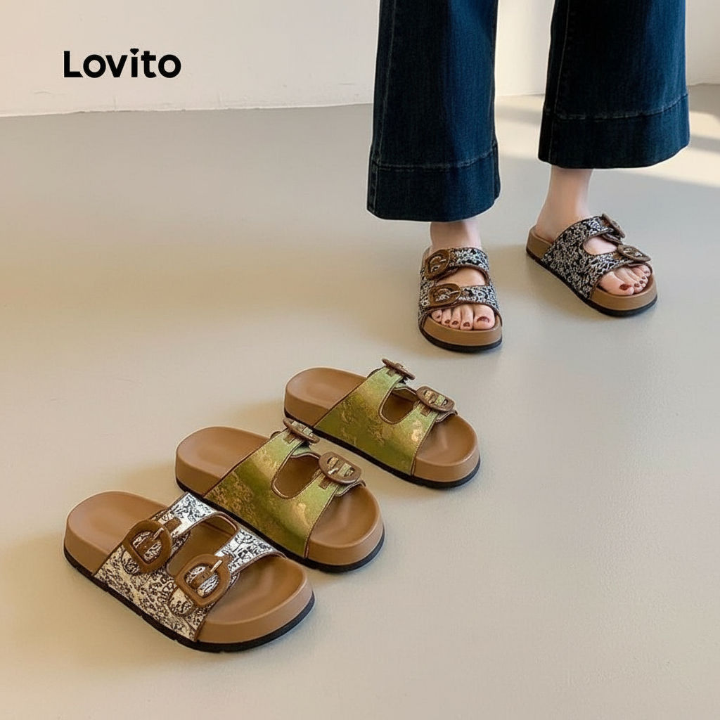 Lovito รองเท้าส้นแบนผู้หญิง สไตล์ลําลอง ติดกระดุมคู่ LFA103166