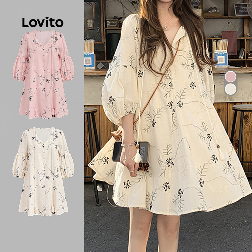 Lovito ชุดเดรสลำลองสำหรับฤดูใบไม้ผลิ/ฤดูร้อน สีขาวออฟขาวสำหรับผู้หญิง L156AD285
